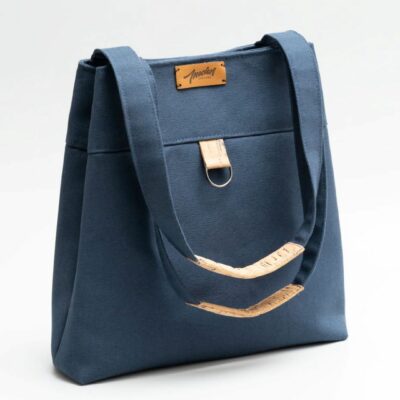 Tote Bag Carré Fait Main — Toile Canevas Bleu Marine & Liège Naturel | Étui Lunettes Assorti Inclus