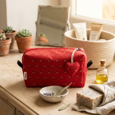 Trousse artisanale placée sur une surface en bois clair, à côté d'une fenêtre baignée de lumière naturelle. L'ambiance cocooning et artisanale s'y ressentent.