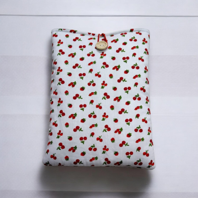 Pochette protège livre en coton côtelé motif cerises – housse liseuse et tablette faite main