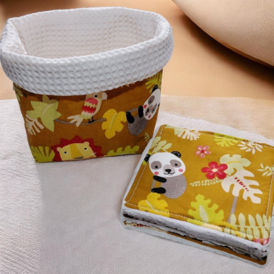 Panier en tissu + 5 lingettes lavables bébé 100% coton Oeko-Tex – Motif jungle animaux