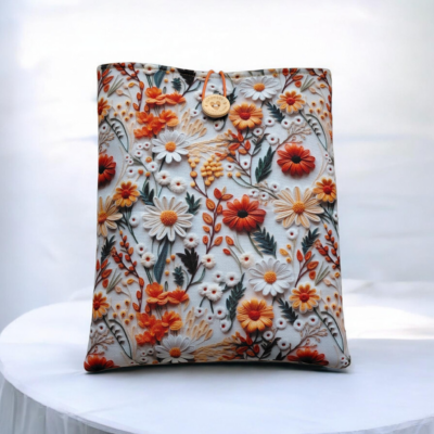 Pochette livre, tablette et liseuse imperméable – Motif fleurs automnales – Fait main
