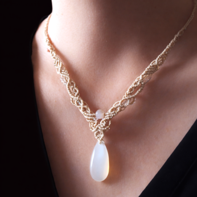 Collier Macramé En Pierre Fine Naturelle Pierre De Lune Blanche
