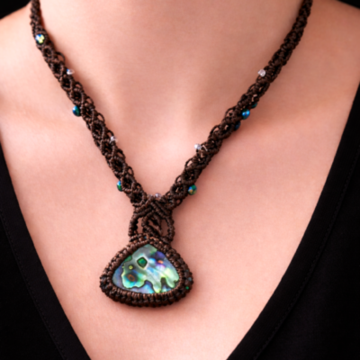 Collier Macramé Abalone et Perles de Bohème - Bijou Artisanal Ajustable,Lithothérapie
