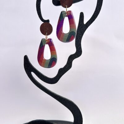 Boucles d’oreilles « Larmes Bohèmes » en pâte polymère vintage-parme et bois