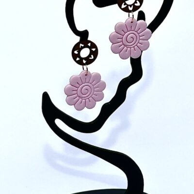 Boucles d’oreilles « Bloom » en pâte polymère rose et bois