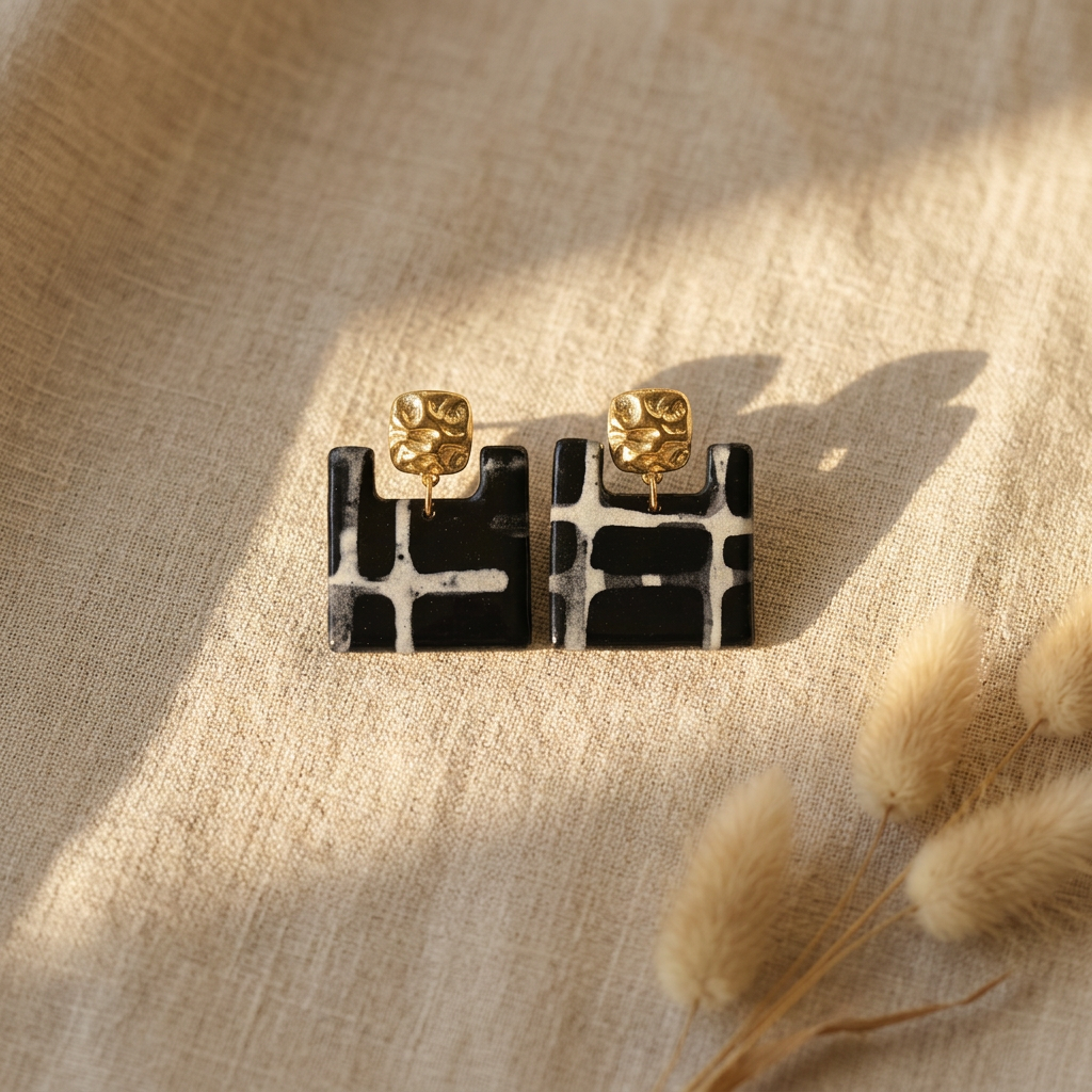 Boucles d'Oreilles Ṭā'ila – Carré Papier Népalais Lokta Bleu & Beige – Clous Carrés Finition Martelée Acier Inoxydable – Bijou Minimaliste Géométrique Fait Main