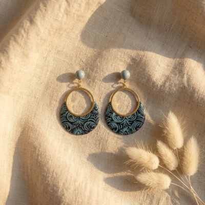 Boucles d'Oreilles Sūrya – Papier Indien Bleu Envoûtant – Motifs Dorés – Anneau Doré 25mm & Cabochon Verre Bleu – Acier Inoxydable – Bijou Fait Main Pièce Unique