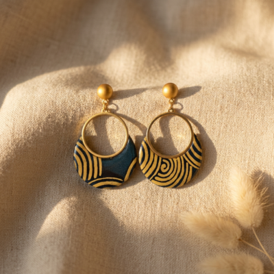 Boucles d'Oreilles Sūrya – Papier Népalais Bleu-Vert & Caramel – Anneau Doré 25mm & Cabochon Verre – Acier Inoxydable – Bijou Fait Main Pièce Unique