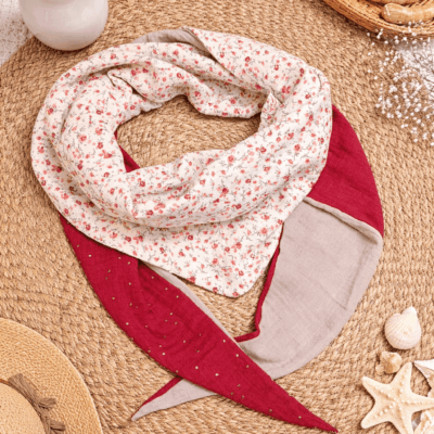 chèche double gaze coton fleurs rouge