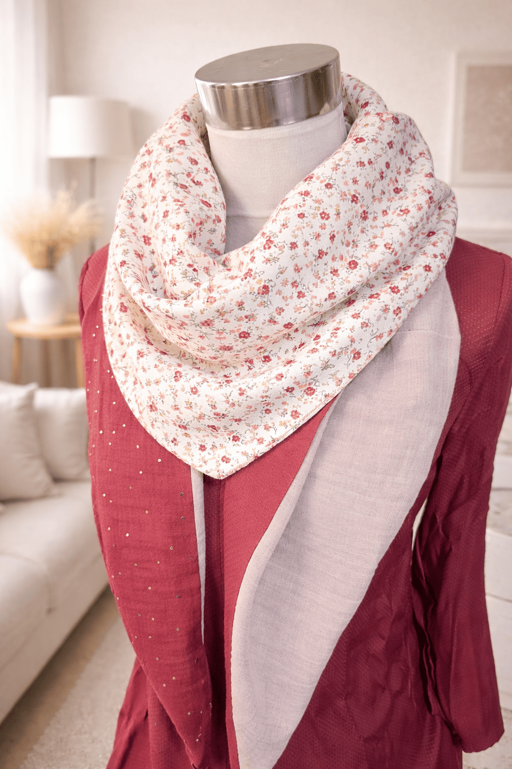 chèche double gaze coton fleurs rouge