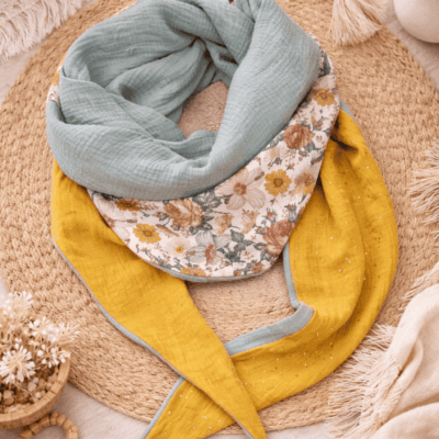 chèche double gaze coton fleurs vert tilleul moutarde