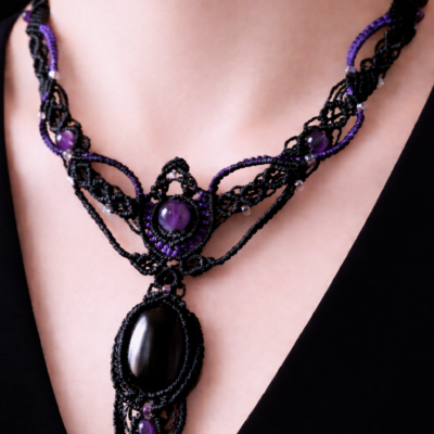 Collier macramé Onyx Noir Et Améthyste / Bijou Créateur Unique