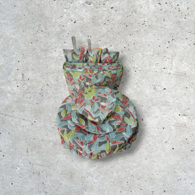 kit cuisine zéro déchet, panière, 6 essuie-tout, 3 charlottes et 3 éponges modèle soiseaux et feuillage