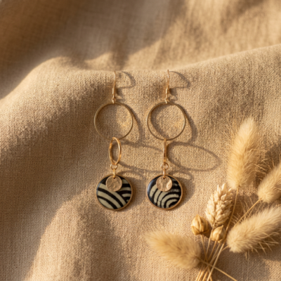 Boucles d'Oreilles Saṅgha – Papier Népalais Lokta Noir & Gris Anthracite – Cercles en Cascade & Gold Filled 14K – Bijou Fait Main