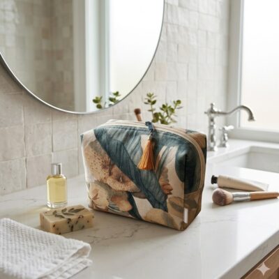 Une trousse de toilette haute et rigide en tissu de coton au motif botanique élégant, mêlant des tons de vert sapin, de brun et de beige, est posée au centre d'un plan de travail de salle de bain en marbre blanc. La trousse est fermée par une fermeture à glissière ornée d'un pompon en fil ocre doré. Elle est entourée d'articles de soins : à gauche, un flacon de parfum en verre transparent et un pain de savon artisanal décoré d'une feuille séchée, posés près d'une serviette de toilette blanche pliée. À droite, un tube de crème et un pinceau de maquillage à manche en bois. L'arrière-plan montre une salle de bain lumineuse avec un grand miroir rond accroché sur un mur en carreaux de zellige beiges, reflétant une fenêtre et des petites plantes en pot. Une robinetterie argentée de style rétro est visible près d'un lavabo au fond. La lumière naturelle donne une ambiance douce et soignée à la scène.