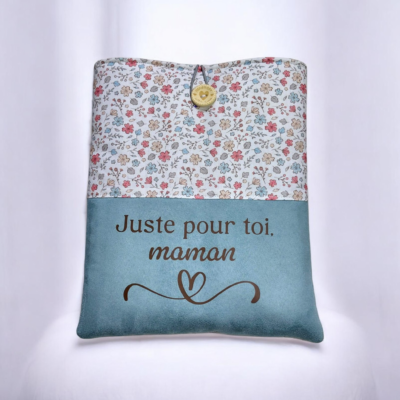 Pochette livre personnalisée maman – protège livre molletonné coton & suédine bleu – cadeau fête des mères