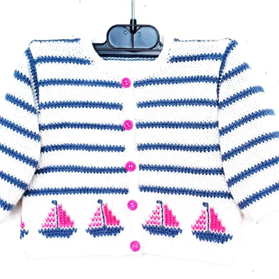 gilet pour bébé, tricot main, style marin, taille 3 mois