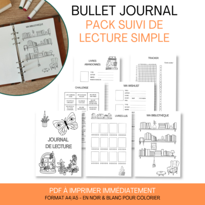 Aperçu du pack complet de bullet journal pour le suivi de lecture, avec les pages disposées en éventail.