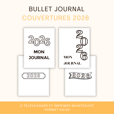 Quatre modèles de couvertures pour bullet journal 2026, avec des designs variés (typographie moderne, élégante, ou décorative) sur fond blanc.