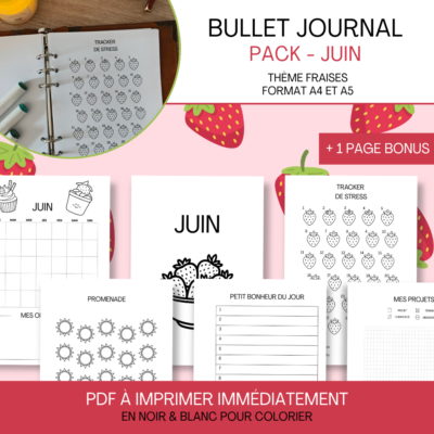 Aperçu du contenu du pack mensuel du mois de juin (couverture, calendrier, projets, bingo, etc.) avec des illustrations de fraises et de smoothies à colorier.