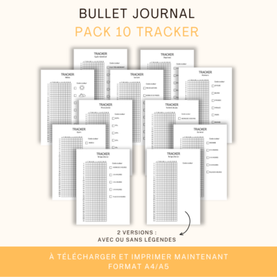 Aperçu de 10 trackers du quotidien (dépenses, productivité, lecture, humeurs, cycle menstruel, météo, sport, nombre de pas, temps d'écran, sommeil) disposés en grille, avec une mention "2 versions : avec ou sans légende".