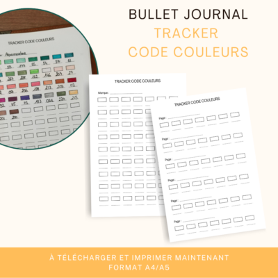 Aperçu de deux pages de tracker code couleurs pour bullet journal, avec une photo du tracker colorié.