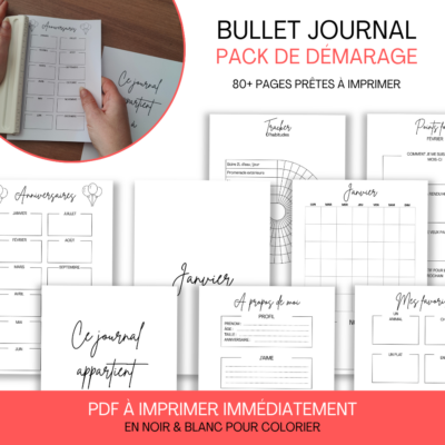 Aperçu d’un pack de démarrage de bullet journal avec plus de 80 pages prêtes à imprimer, incluant des pages d’introduction, des trackers, des calendriers, et des pages de suivi mensuel.