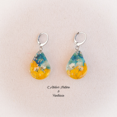 Boucles D'Oreilles Artisanales " Pétale Orchidée Turquoise, Bouton D'or, Gypsophile " -Made In France