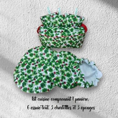kit cuisine zéro déchet, panière, 6 essuie-tout, 3 charlottes et 3 éponges modèle trèfles et coccinelles