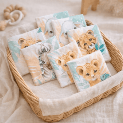 lot lingettes lavables animaux savane eponge bambou