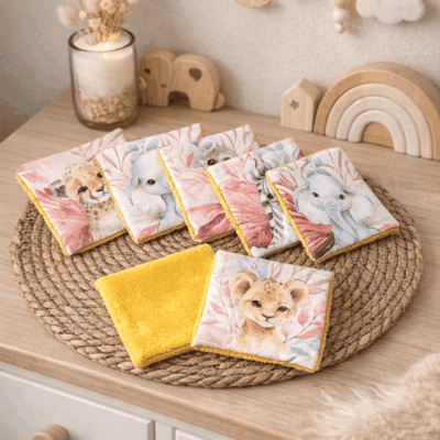 lot lingettes lavables animaux savane eponge bambou