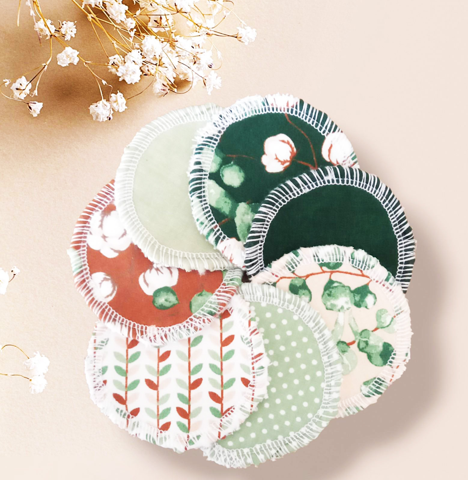 Disques démaquillants lavables - EUCALYPTUS - (lot de 7) - Lingettes démaquillantes lavables et réutilisables - Tampons démaquillants lavables et réutilisables