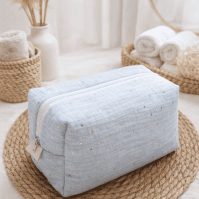 trousse toilette gaze coton bleu clair