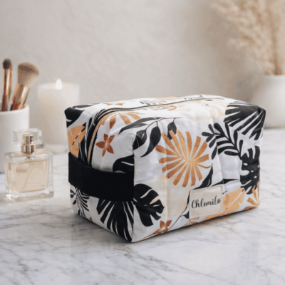 trousse toilette coton feuilles noires marron