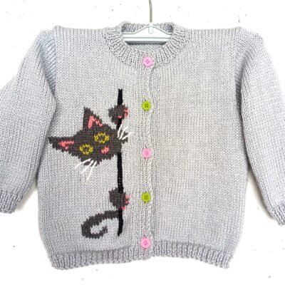 Gilet tricot main, avec un chat, pour bébé de 6 mois