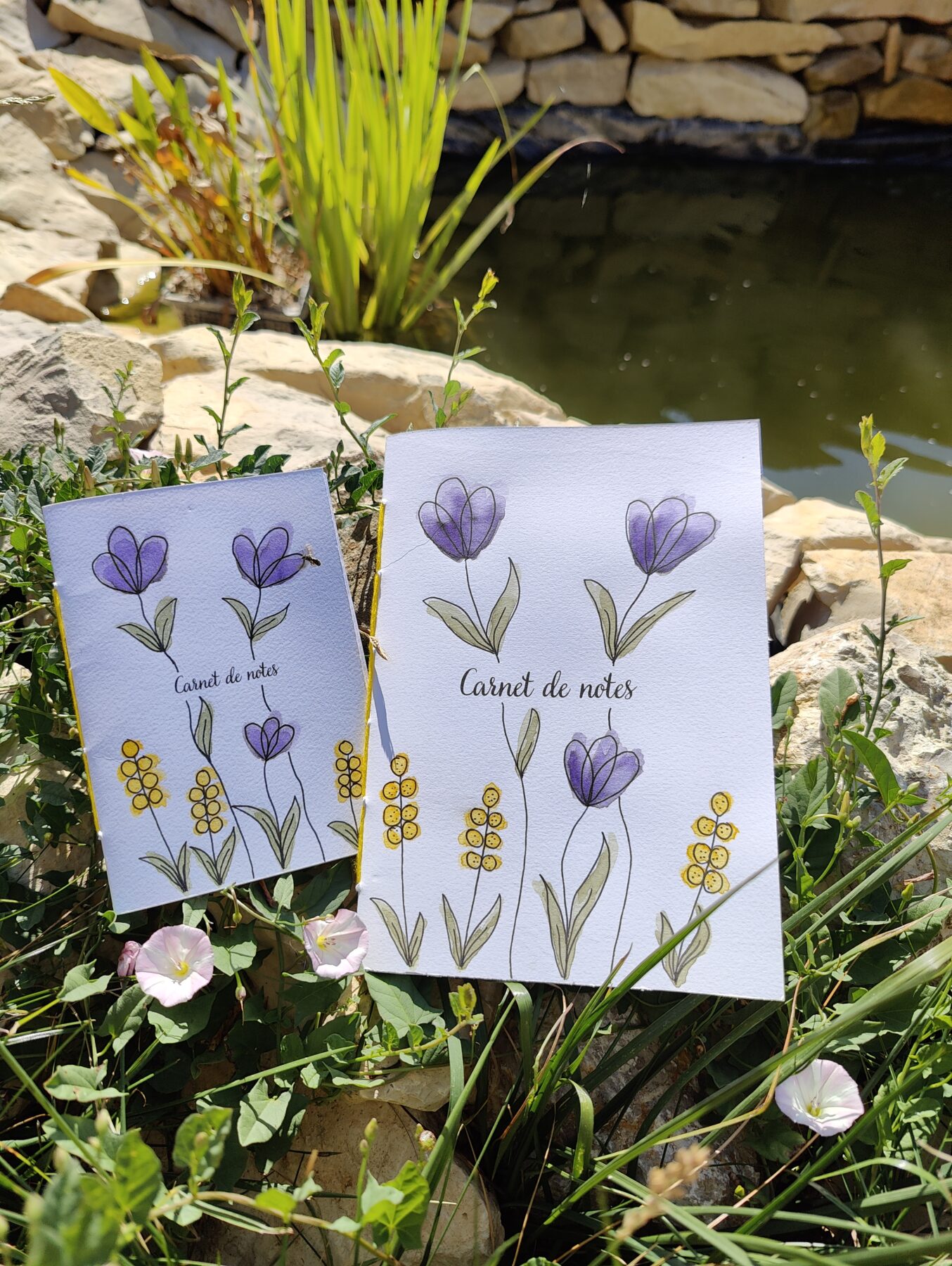 Deux carnets (un A5 et un A6) posés sur des pierres près d’un plan d’eau. Les couvertures sont illustrées de fleurs violettes et de boutons d’or peints à l’aquarelle.