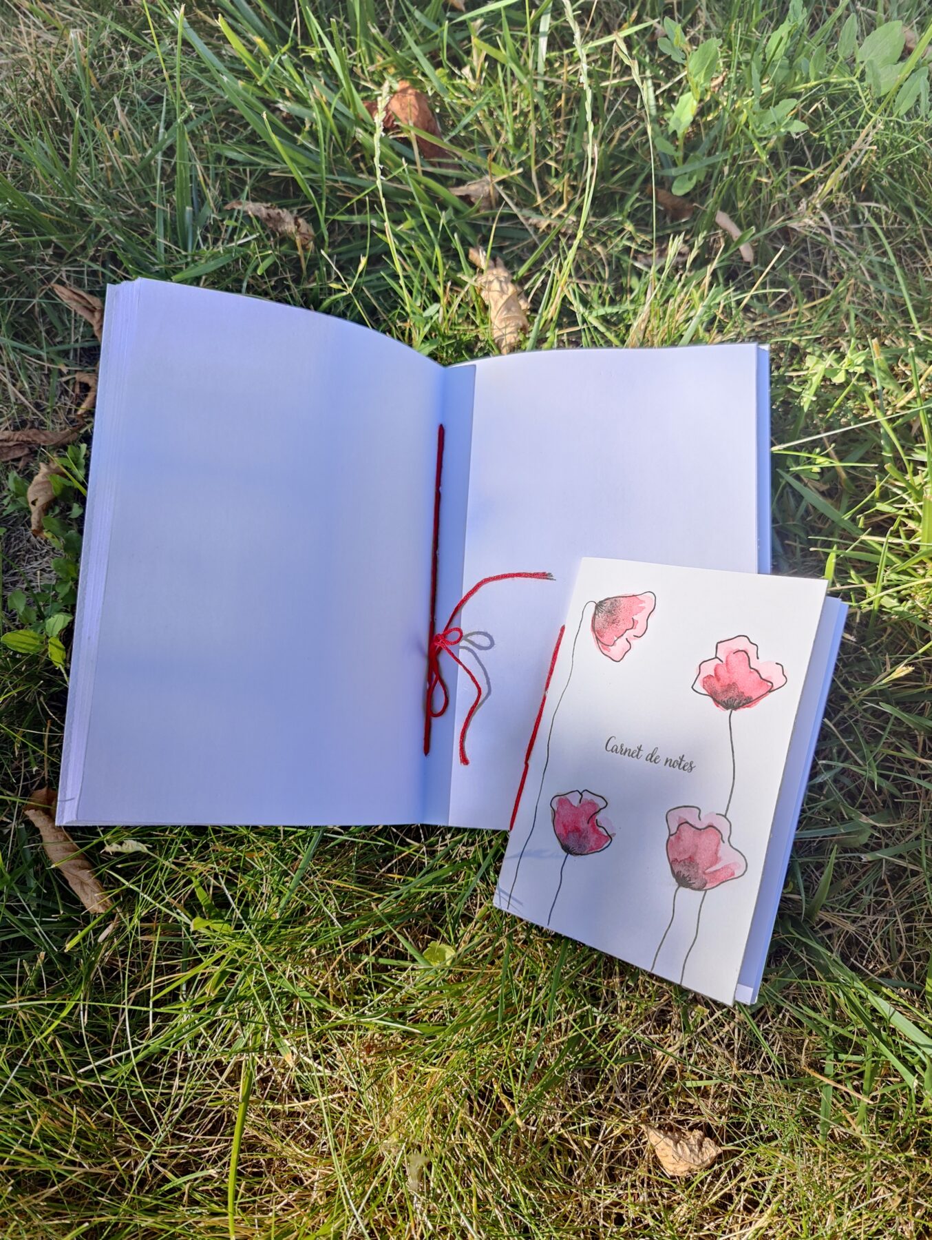Un carnet de notes A5 ouvert et un carnet A6 posés sur de l'herbe verte. La couverture est illustrée de coquelicots peints à l'aquarelle, et reliure rouge faite à la main.