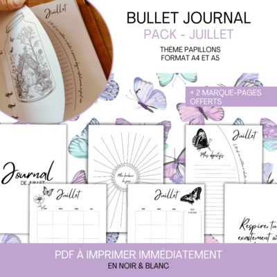 Aperçu du pack bullet journal pour juillet, avec une couverture illustrée d’un bocal contenant une maison et des papillons, ainsi que plusieurs pages intérieures (calendrier, objectifs, tracker, etc.). Des papillons sont dispersés autour des pages.