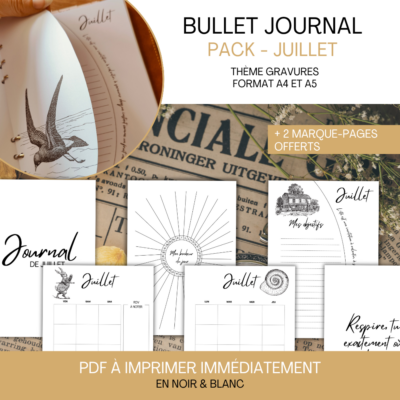 Aperçu de 6 pages du pack mensuel avec des illustrations d’oiseaux et de fleurs, incluant une couverture, un tracker de sommeil, un tracker des habitudes, une page "To do list", une page "Notes" et une page "Mon carnet de voyage".