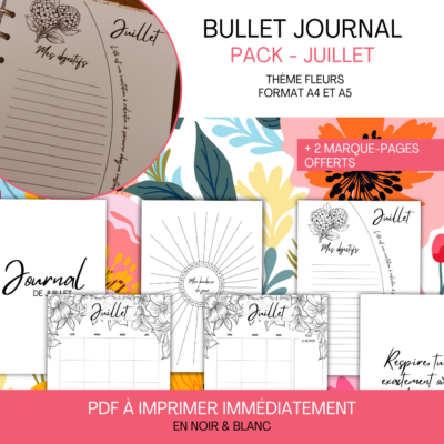 Aperçu de 6 pages du pack mensuel avec des illustrations de fleurs, incluant une couverture, un tracker de sommeil, un tracker des habitudes, une page "To do list", une page "Notes" et une page "Mon carnet de voyage".