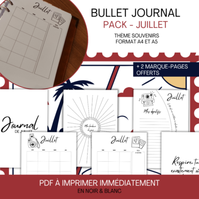 Aperçu du pack bullet journal pour juillet, avec une couverture illustrée d’un appareil photo et de guirlandes, ainsi que plusieurs pages intérieures (calendrier, objectifs, tracker, etc.).