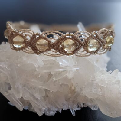 Bracelet Macramé Fil Linhasita Beige, Avec Perles En Pierre Fine Naturelle Citrine