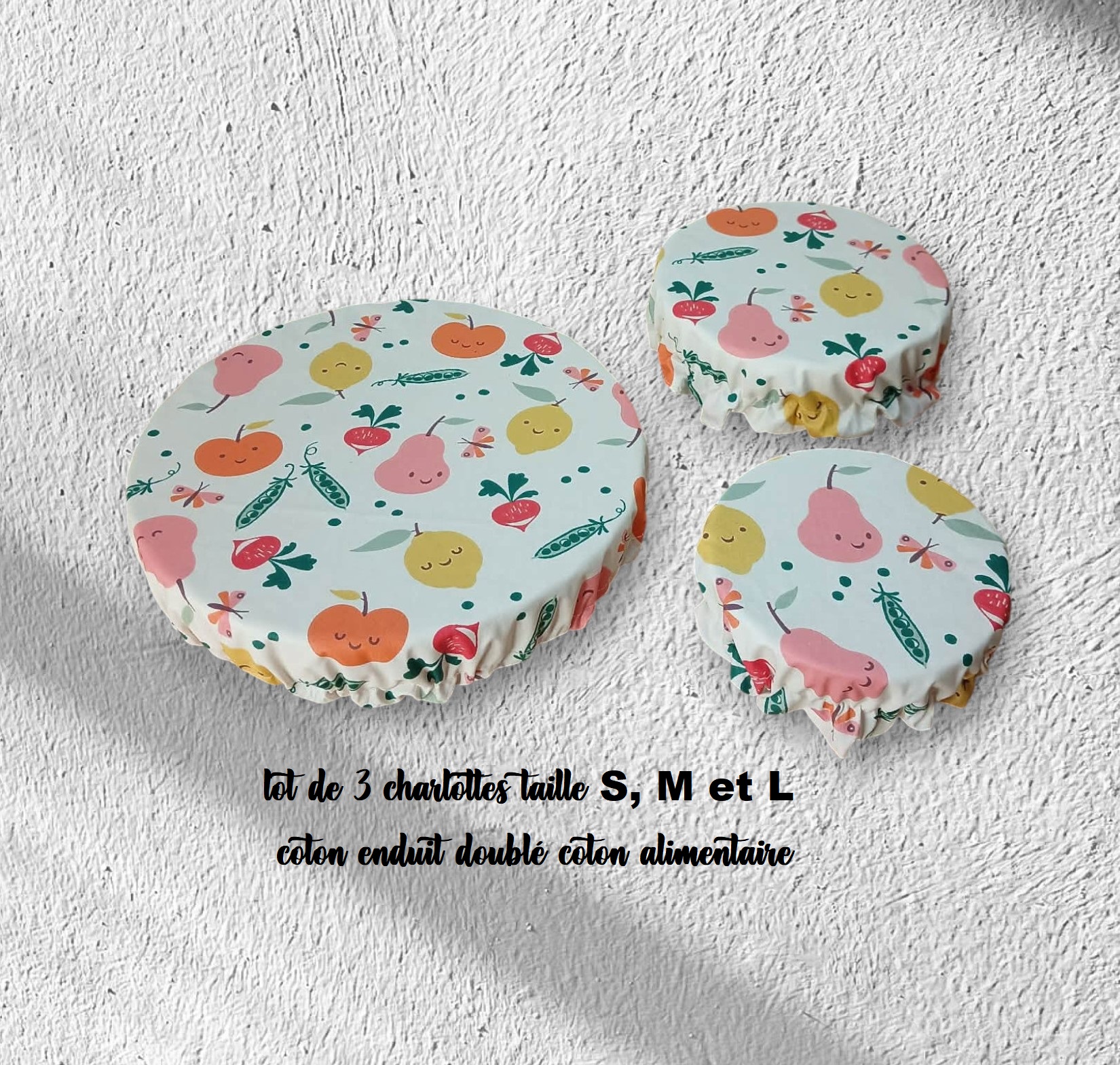 lot de 3 charlottes alimentaires coton enduit doublé coton alimentaire modèle au choix – Image 2