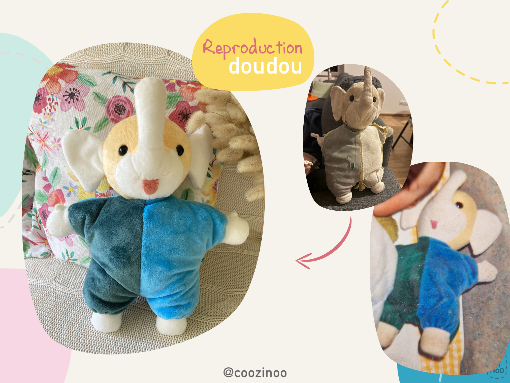reproduction doudou elephant bleu vert