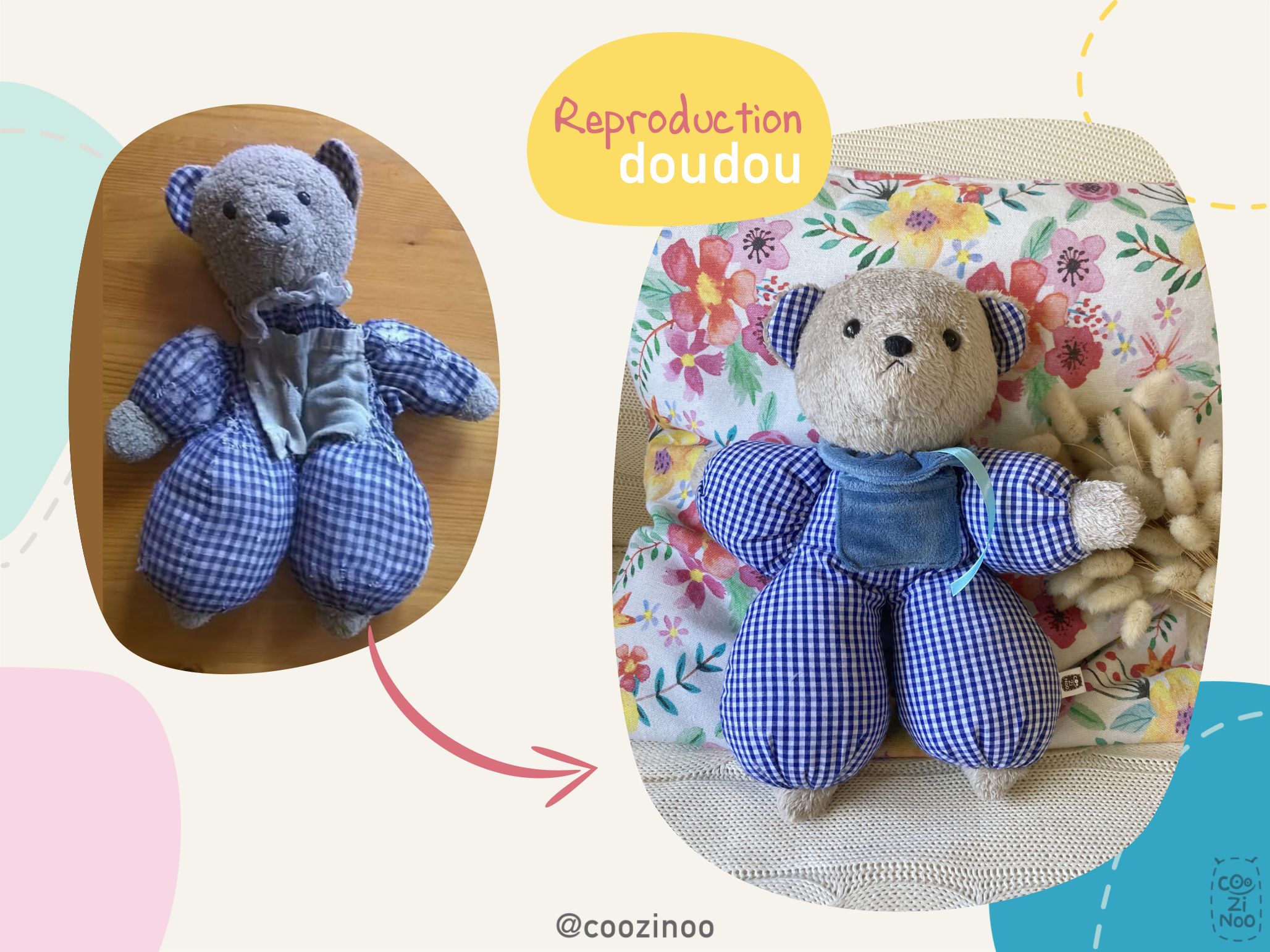 reproduction doudou ours vichy bleu