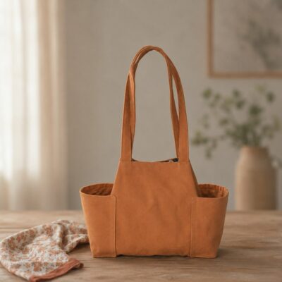 Sac à main couleur camel avec 2 poches latérales posé sur une table