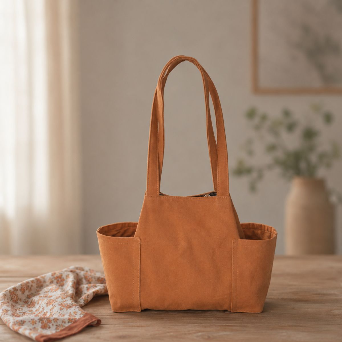 Sac à main couleur camel avec 2 poches latérales posé sur une table