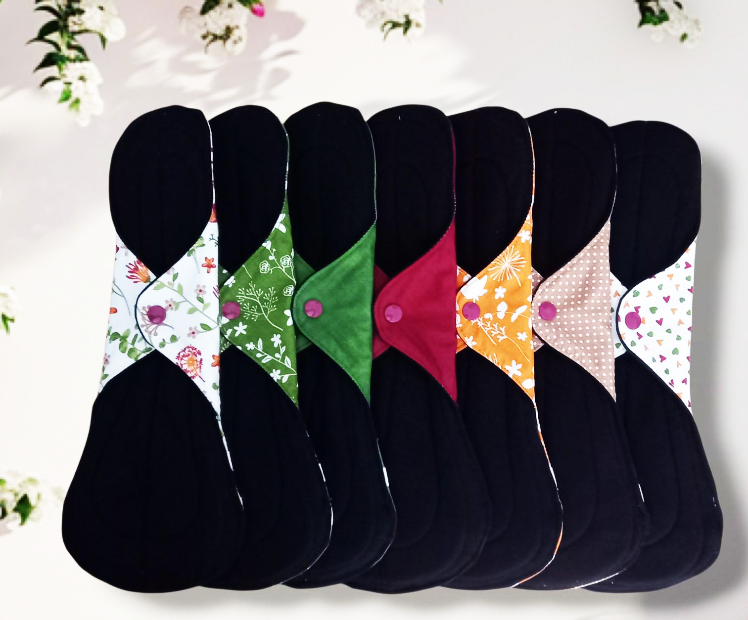 Pack 7 serviettes hygiéniques lavables FLEURS DES CHAMPS (xl / nuit et flux abondants) - serviettes menstruelles lavables - Zéro déchet - shl - serviettes périodiques