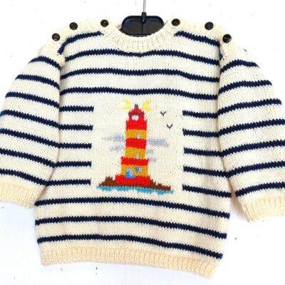 Pull tricot bebe, style marin, avec un phare, taille 1 an