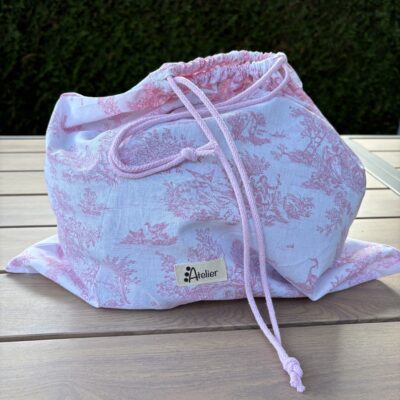 Sac à linge en coton toile de Jouy rose